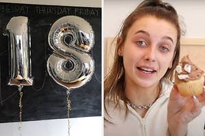 On the left, a 1 balloon and an 8 balloon, and on the right, Emma Chamberlain holding a poop emoji cupcake