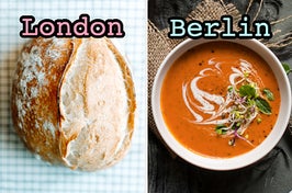 On the left, a loaf of sourdough bread labeled London, and on the right, a bowl of tomato soup labeled Berlin