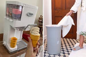 on left: white soft serve ice cream maker behind reviewer holding vanilla cone. on right: model takes white towel out of gray towel warmer in bathroom