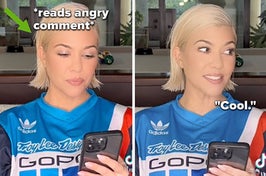 Kourtney Kardashian reads a comment on her phone vs Kourtney Kardashian looking off to the left while holding her phone in her hand