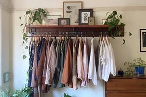 the closet shelf hanging above dressers in a bedroom
