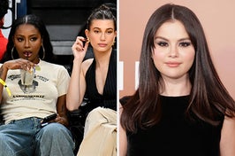 Justine Skye sips a drink while sitting with Hailey Bieber as Hailey plays with her earring vs Selena Gomez smiles for a photo on the red carpet