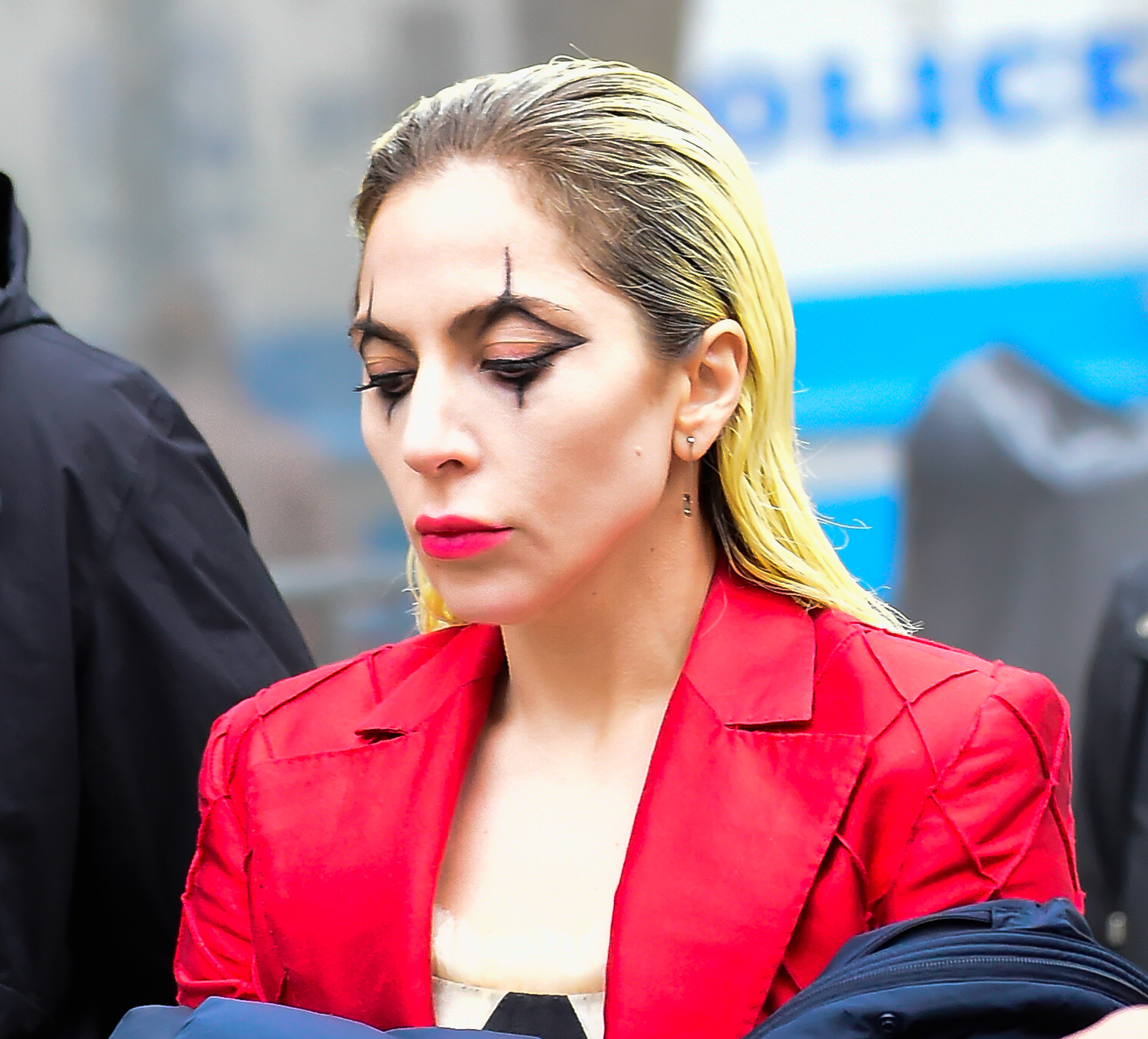 closeup of lady gaga as harley with slicked back hair