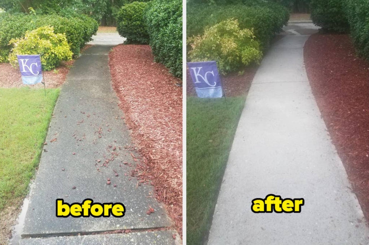 Reviewer's pathway, covered in dirt and other filth labeled "before," and noticeably cleaner and clearer labeled "after"