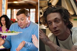 restaurant patron looking annoyed and jeremy allen white in chef