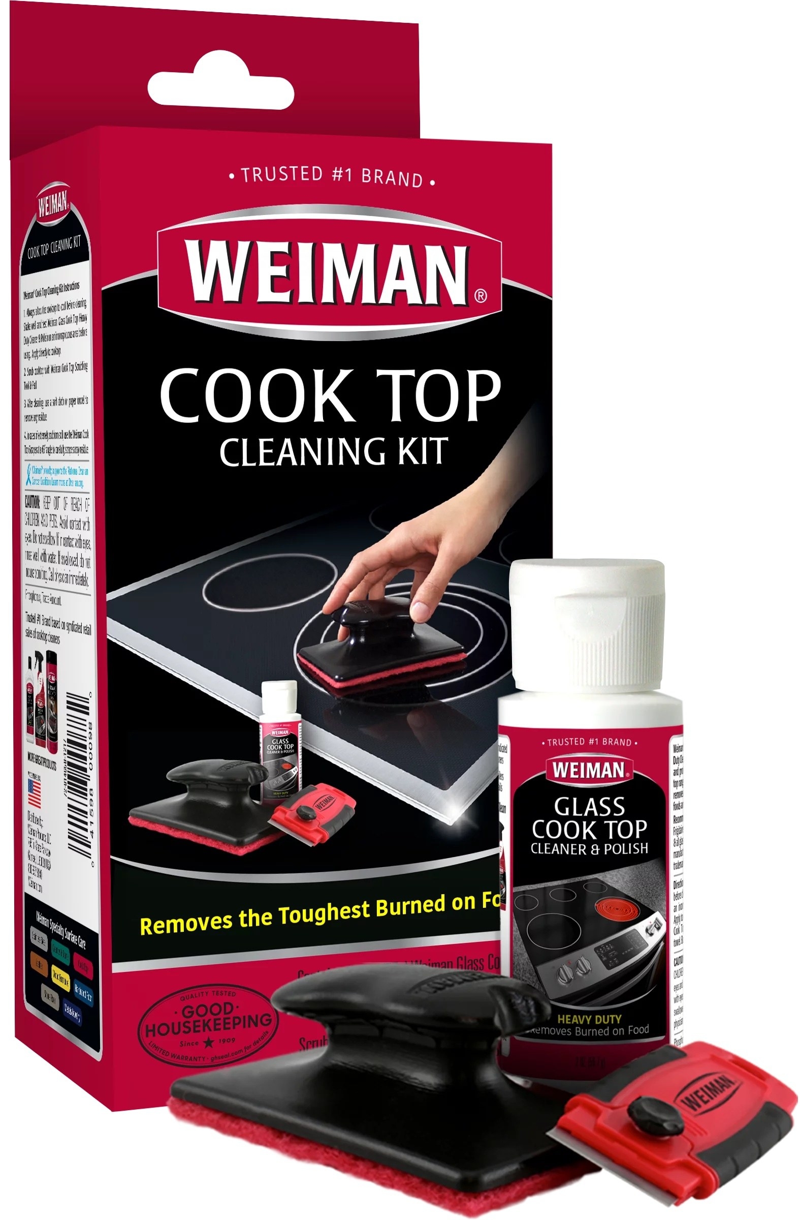 a cooktop cleaning kit with a cleaner, scraper, and polish