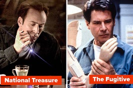 Nicolas Cage uses an ultraviolet pen light to decipher a clue / Harrison Ford examines a protesthetic arm in a laboratory