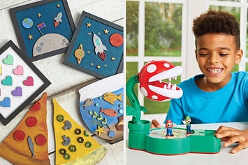 on left, wooden painting kit with pizza slices, fish bowl, and space scenery. on right, kid playing Super Mario Piranha Plant Escape!, Tabletop game