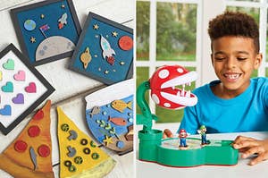 on left, wooden painting kit with pizza slices, fish bowl, and space scenery. on right, kid playing Super Mario Piranha Plant Escape!, Tabletop game