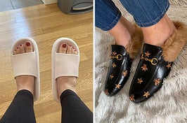 on left, reviewer wearing white slide sandals. on right, reviewer wearing black mule slides with bee and star embroidery design and faux fur on inside