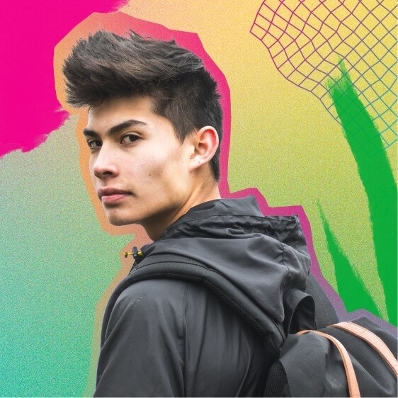 A teenager looking back on a grafitti style background