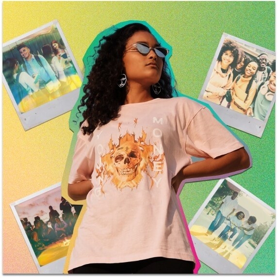 A teenager with Polaroids in the background