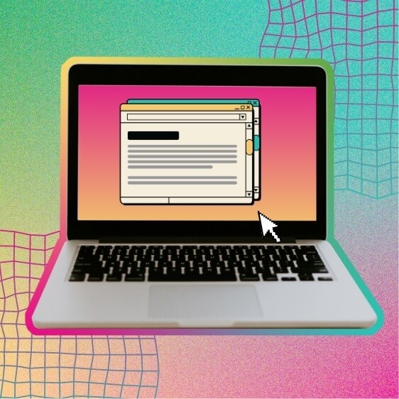 A laptop on a green and pink gradient background