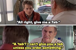 Two men speaking in a diner in Back to the Future