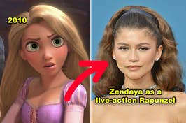 A side-by-side of Rapunzel from "Tangled" and Zendaya on the red carpet