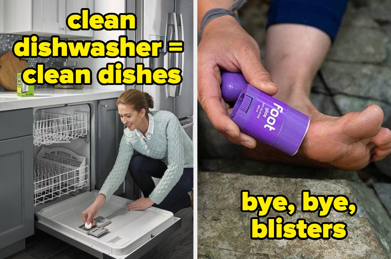 model putting dishwasher cleaning tablet in dishwasher; model using blister stick on their foot