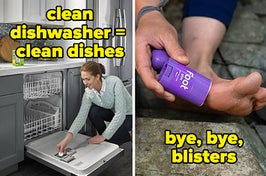 model putting dishwasher cleaning tablet in dishwasher; model using blister stick on their foot
