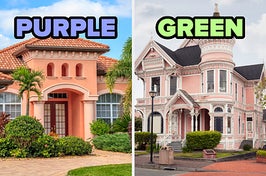 On the left, a Spanish-style home labeled purple, and on the right, a Victorian-style house labeled green