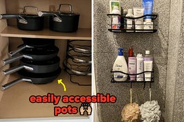 Inside of a reviewer's cabinet with four pans stacked and another shelf stacked with lids "easily accessible pots" / Reviewer's black shelves attached to a shower wall with lots of products in them 