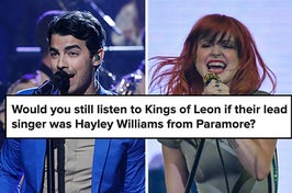 two images: on the left is joe jonas singing into a microphone, on the right is hayley williams singing into a microphone