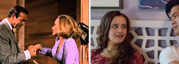 In the left photo Sean Connery holds the hand of Honor Blackman and in the right Katherine Langford sits on a bed with a boy