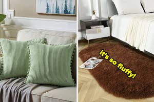 pillows on a couch and a fluffy rug on the floor next to a bed