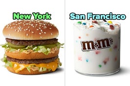 On the left, a Big Mac labeled New York, and on the right, an M and M McFlurry labeled San Francisco
