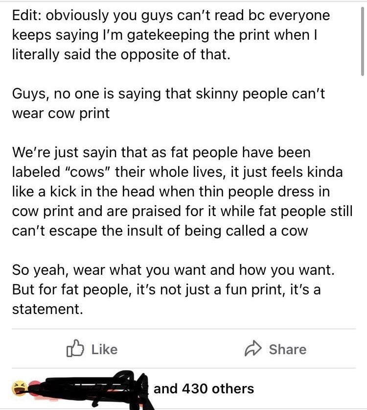 &quot;it just feels like a kick in the head when thin people dress in cow print...&quot;