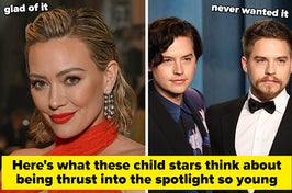 A split thumbnail, with two images - one showing Hilary Duff and one showing Cole and Dylan Sprouse