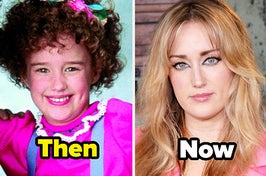 Ashley Johnson in Growing Pains and on the red carpet, text: Then Now