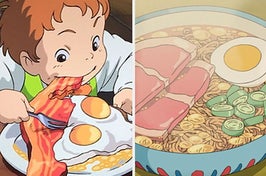 two images: on the left is an animated boy tearing into a piece of bacon with his teeth; on the right is a steaming animated bowl of ramen topped with egg, scallions, and meat