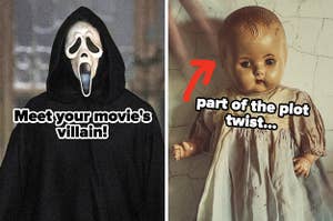 On the left, Ghostface from Scream 6 labeled meet your movie's villain, and on the right, a creepy baby doll with an arrow pointing to it labeled part of the plot twist