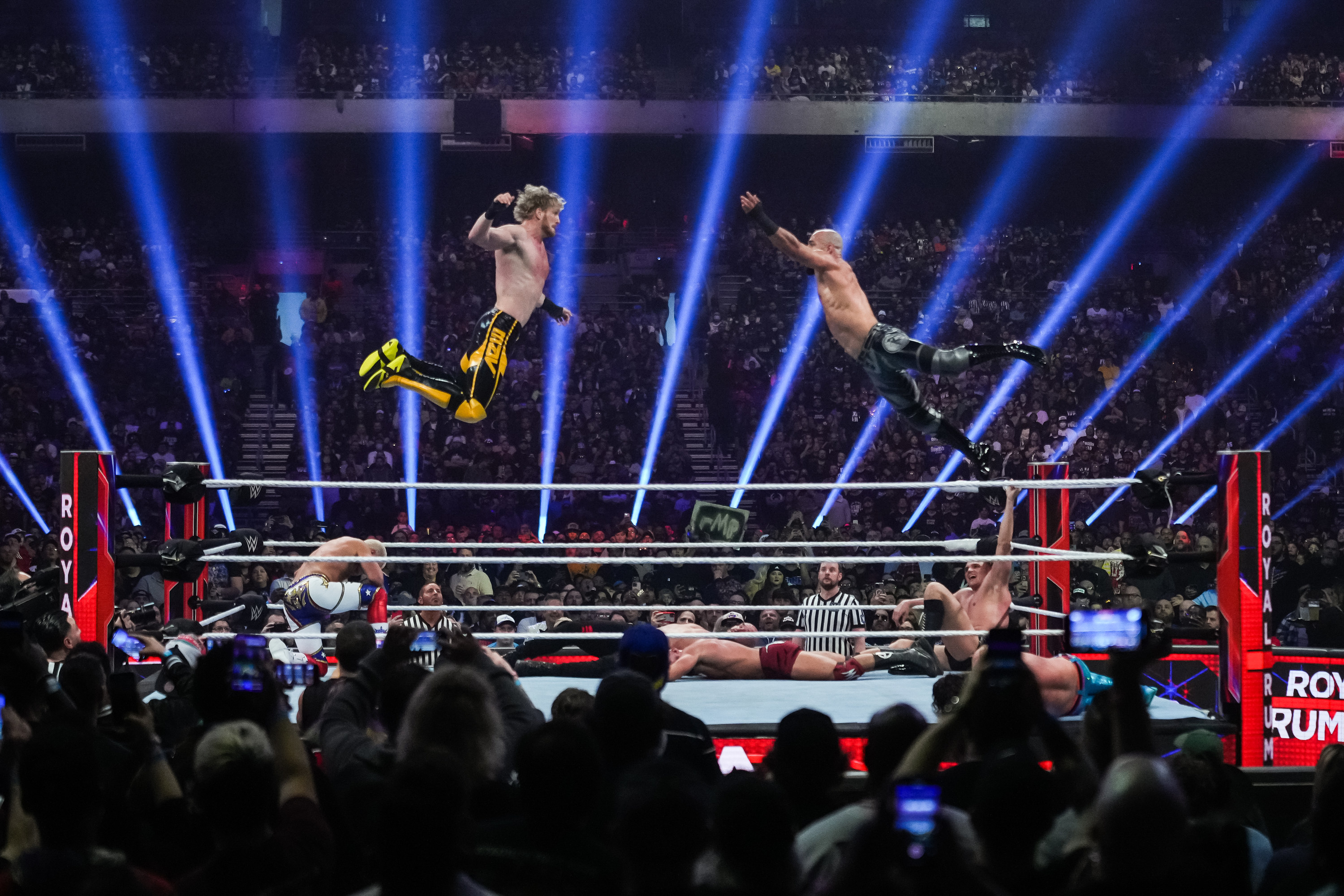 Logan Paul and Ricochet wrestle during the WWE Royal Rumble at the Alamodome on January 28, 2023 in San Antonio, Texas.