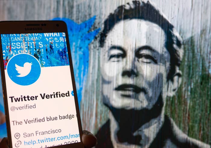 Twitter Verified icon seen on mobile screen with Elon Musk in the background illustration