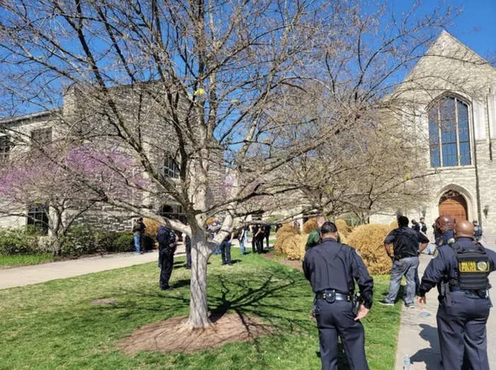 police officers outside a church at a private school after a mass shooting