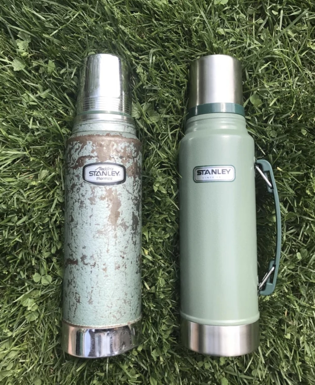 old and new stanley thermos side by side