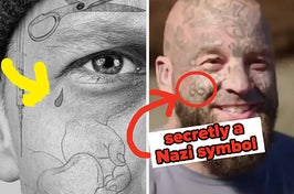 teardrop tattoo under eye and a man with an 88 tattoo captioned "secretly a Nazi symbol"