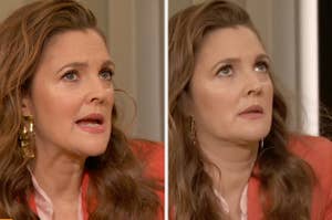 side by side screencaps of Drew Barrymore from CBS Mornings