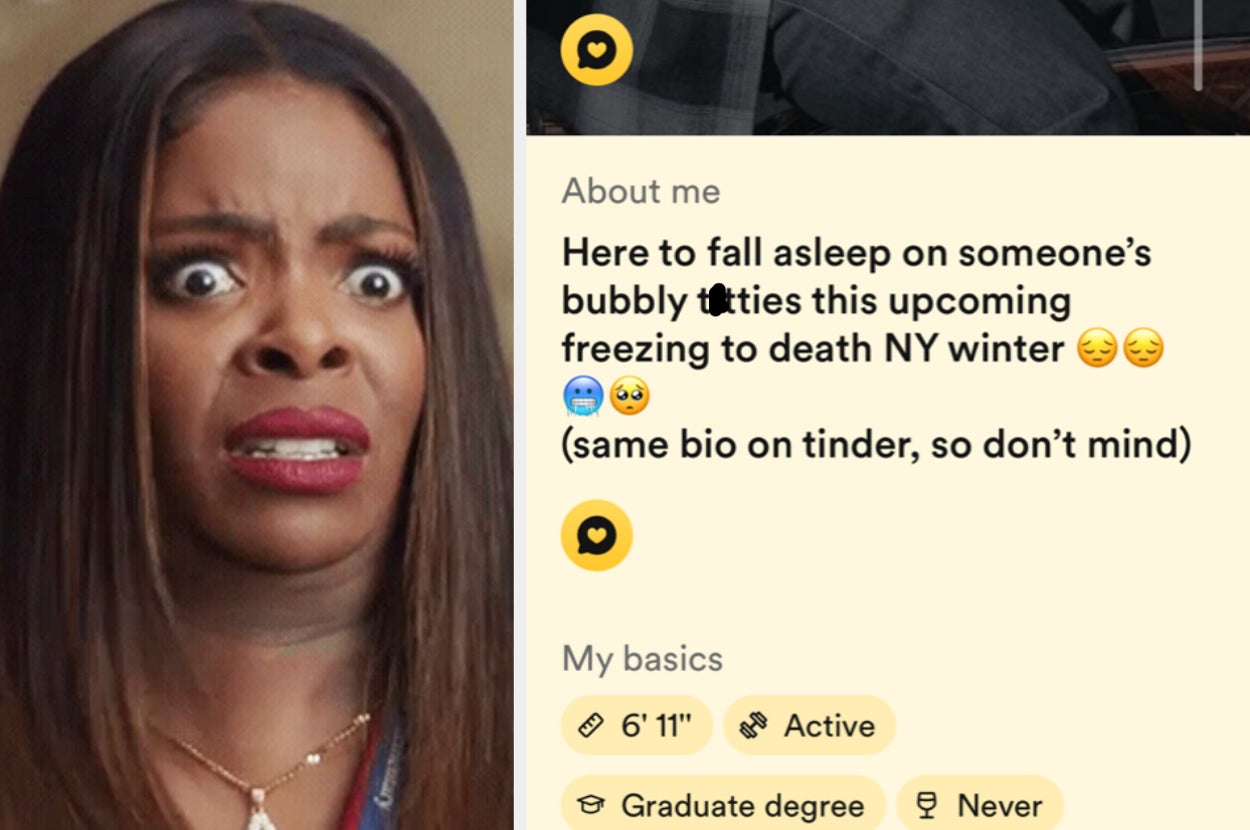 shocked janelle james next to a vile bumble bio
