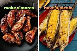 On the left, some grilled BBQ wings labeled make s'mores, and on the right, some grilled corn labeled have a picnic