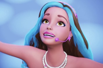 animated barbie sings into a headpiece microphone