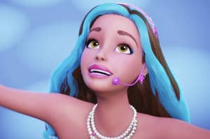 animated barbie sings into a headpiece microphone