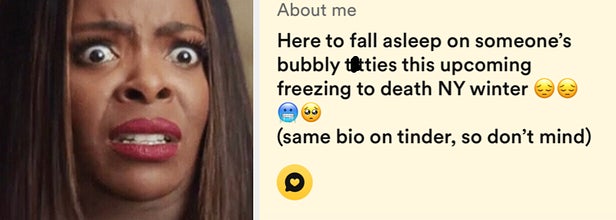 shocked janelle james next to a vile bumble bio