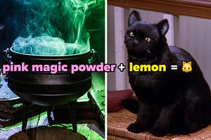 two images: on the left is a cauldron filled with smoke, next to it is a black cat
