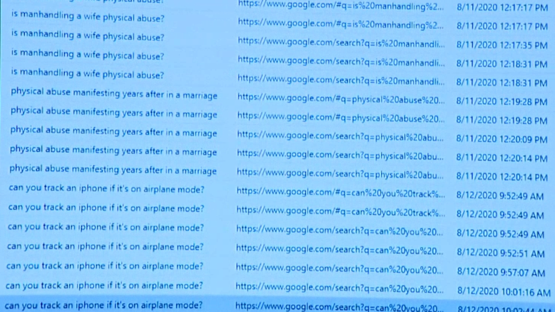 A screengrab of google searches from August 11 and 12, 2020, show the searches &quot;is manhandling a wife physical abuse?&quot; &quot;physical abuse manifesting years after in a marriage&quot; and &quot;can you track an iphone if it&#x27;s on airplane mode?&quot;