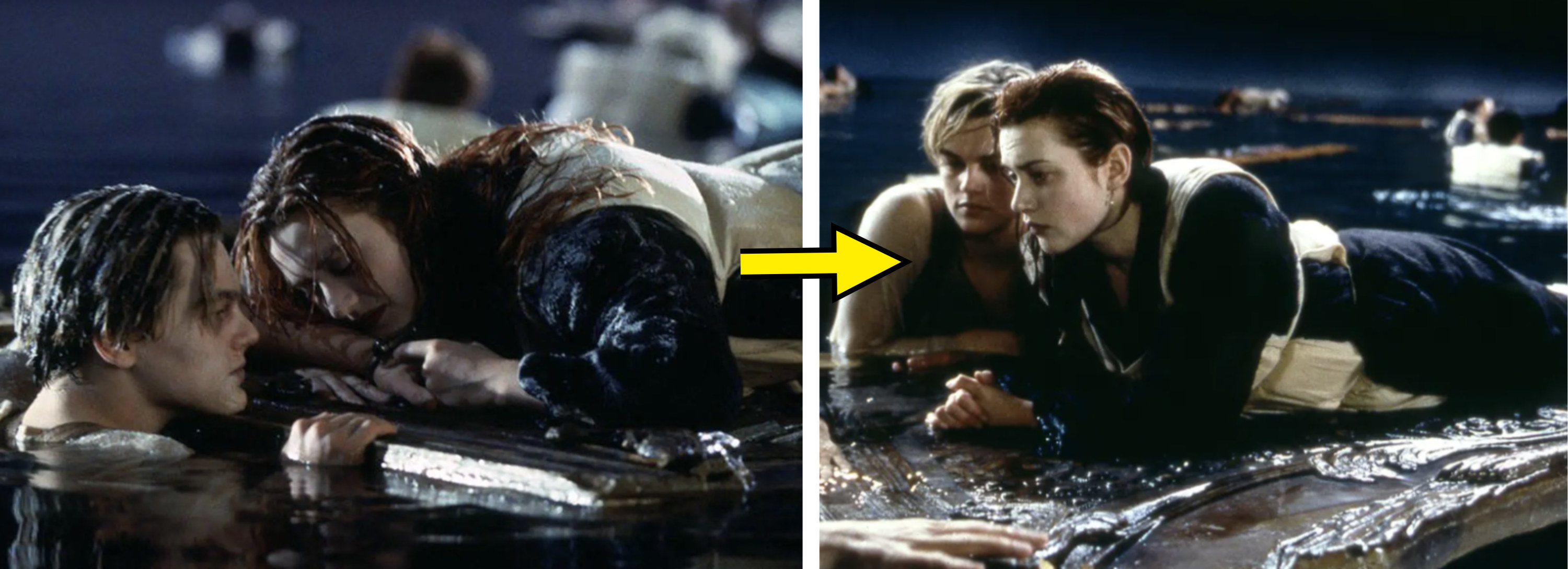 on the left rose from titanic on the door in the water with jack holding on the edge. on the right both jack and rose on the door in the water.