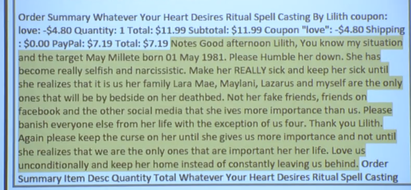A screengrab from court evidence shows a receipt for a &quot;whatever your heart desires ritual spell casting&quot; and an extended note from a husband asking for his wife to be made sick until she provides unconditional love to her family