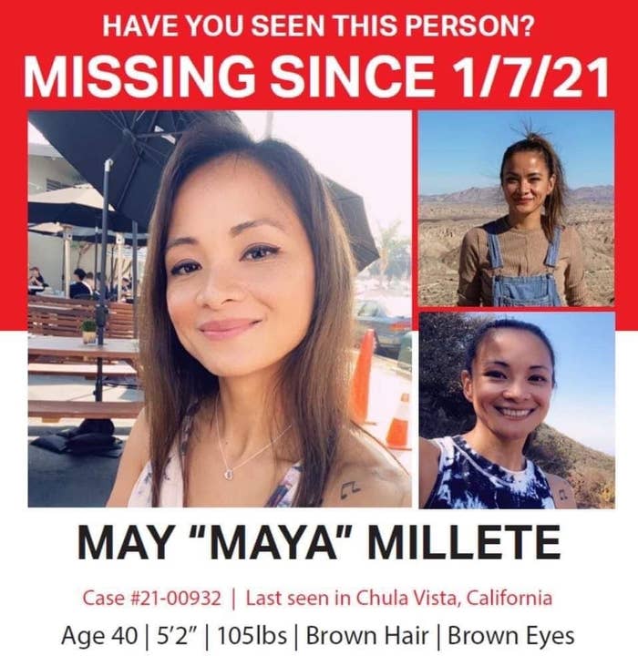 A missing person flyer shows May &quot;Maya&quot; Millete, with a smiling woman wearing tie-dye and overalls in different embedded images, and her characteristics listed as age 40, 5 foot 2, 105 pounds, brown hair, brown eyes, missing since January 7, 2021