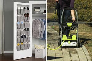 a fabric over-the-door shoe organizer and a black and green pressure washer  