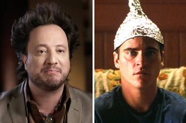 Giorgio A. Tsoukalos in Ancient Aliens and Joaquin Phoenix in Signs